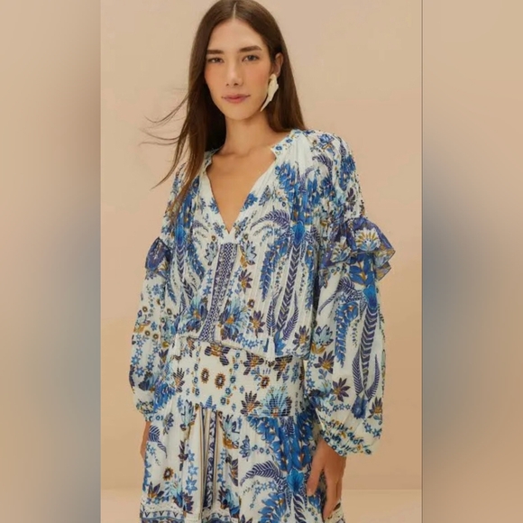 FARM Rio Blue and White Floral Womens Ana Tapestry Ruffle Blouse Size L - Picture 5 of 16